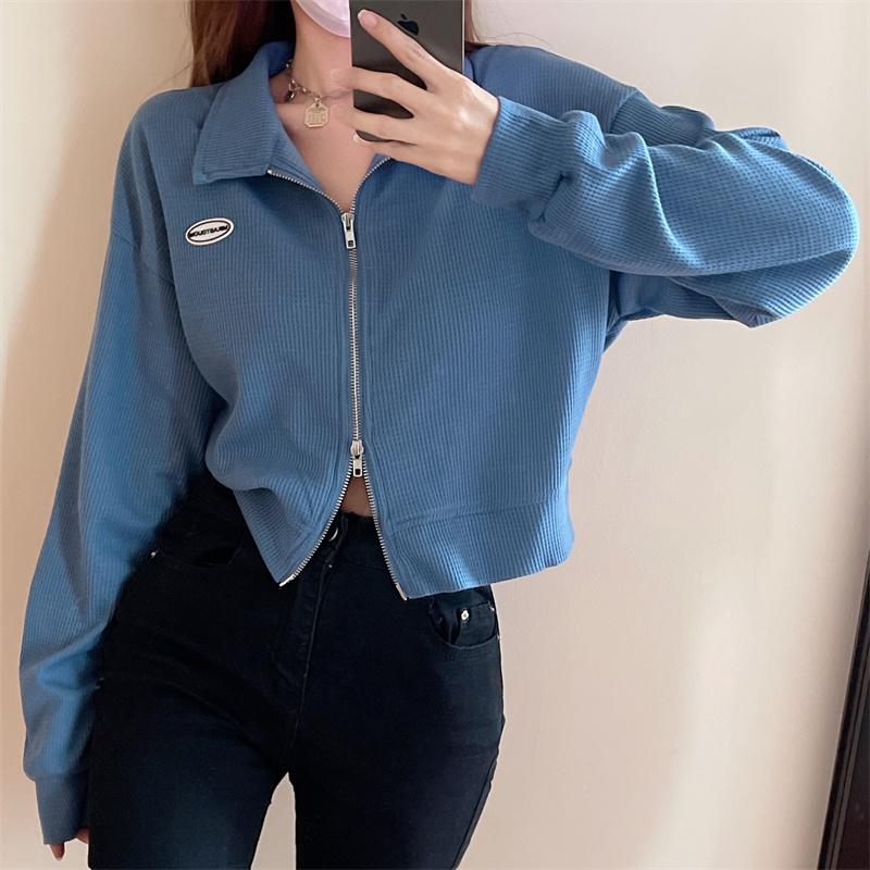 2025 Korean Style Double Zip Long Sleeve Polo Collar Loose Short Jacket for Women