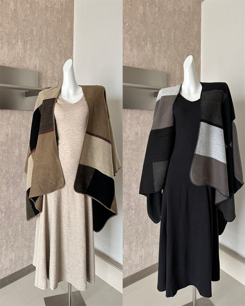 2026 Autumn New Retro Loose Plaid Cape Shawl Cardigan Slim Knit Dress Two-Piece Set