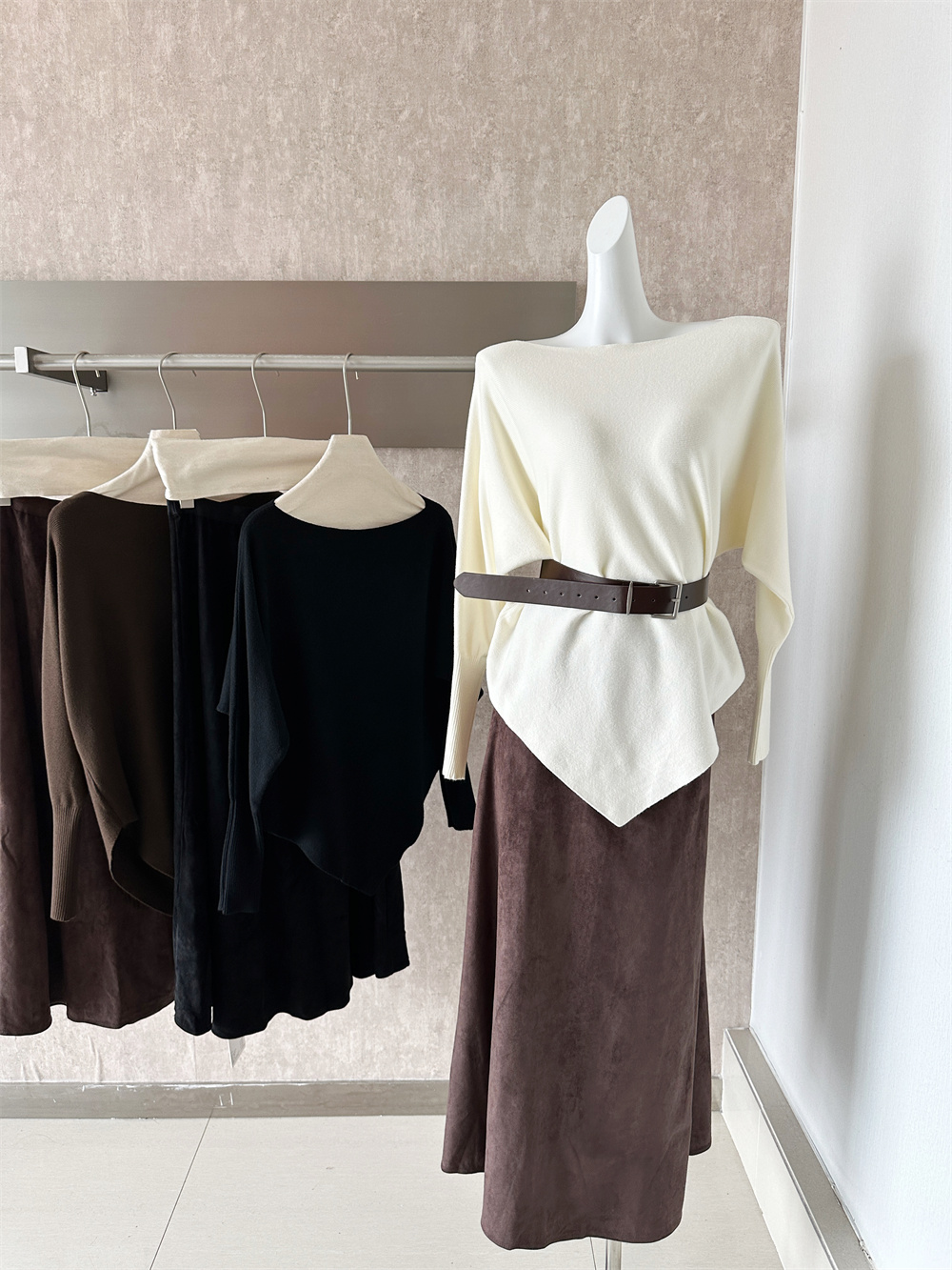 2026 Korean Style Asymmetric Sweater and Suede Mermaid Long Skirt Two-Piece Set for Women