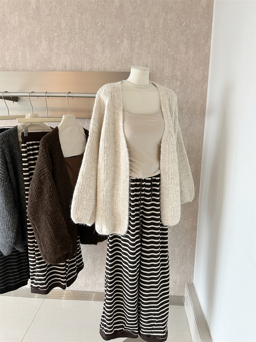 Autumn New Relaxed Lazy Style Knit Cardigan Cami Vest High Waist Retro Striped Casual Pants Three Piece Set