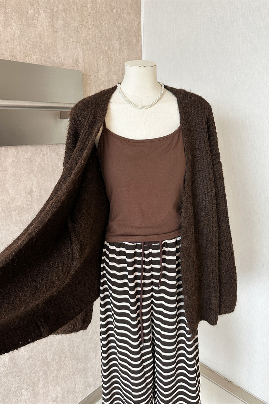 Autumn New Relaxed Lazy Style Knit Cardigan Cami Vest High Waist Retro Striped Casual Pants Three Piece Set - Image 5