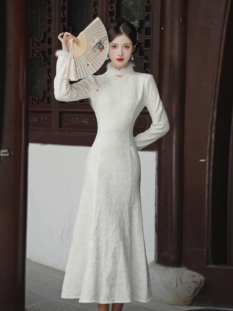 Dark Pattern Fleece Mink Trim Mermaid Qipao Dress - Style ff2d80