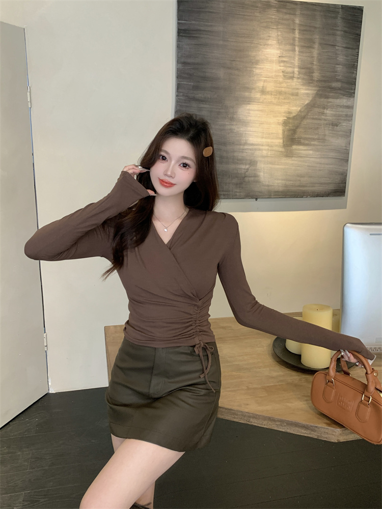 Early Autumn French Asymmetric Ruched Cross V-Neck Women's T-Shirt Slim Fit Short Top