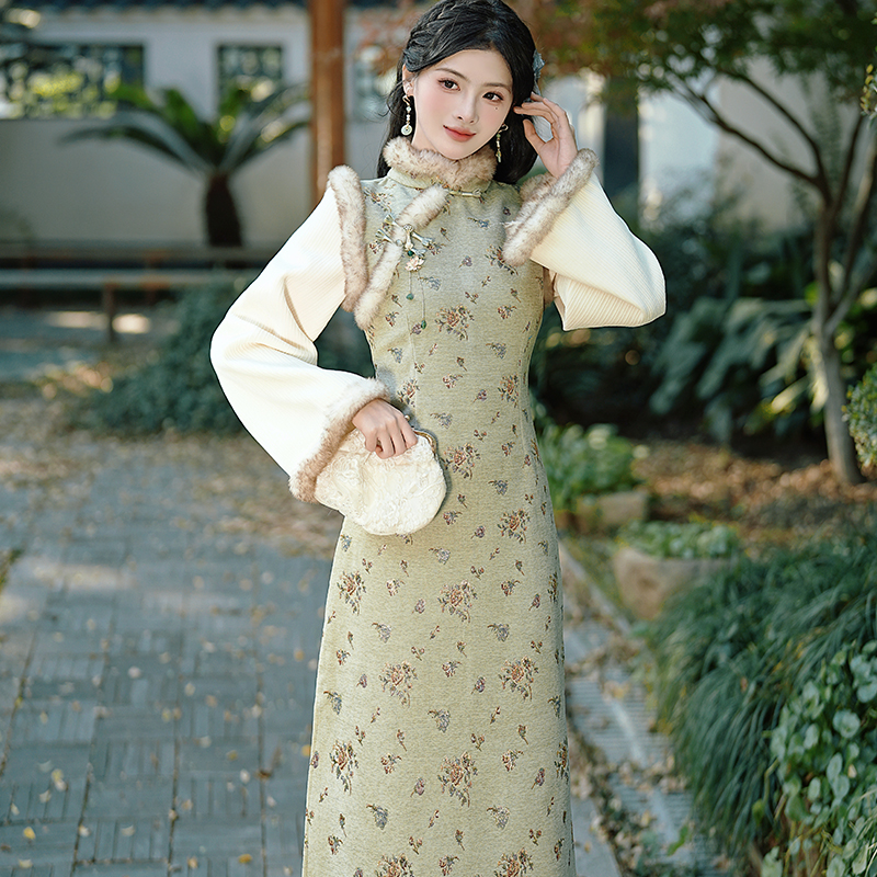 Fleece Lined Qipao Fake Two Piece Dress Retro A Line Long Sleeve