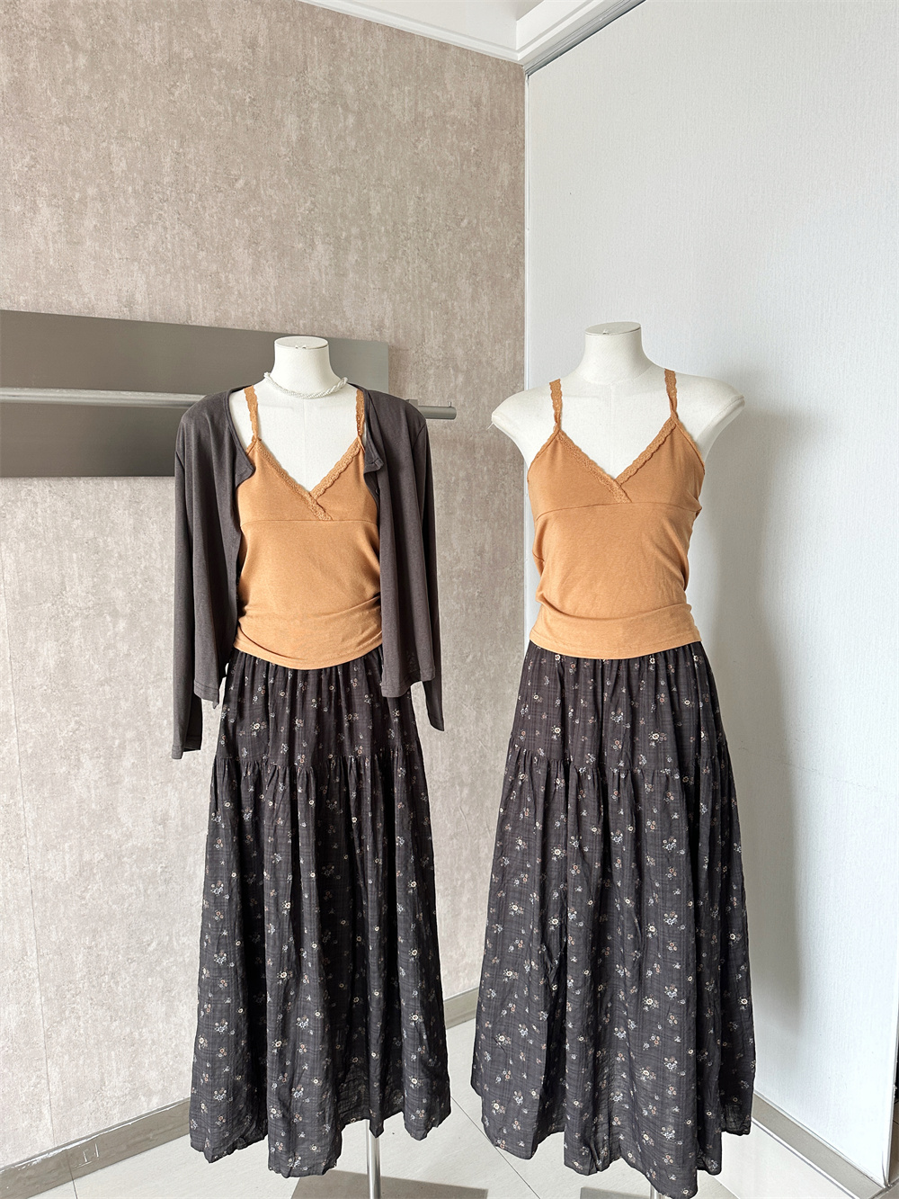 Floral French Style Three-Piece Knit Cardigan Vest Long Dress Set