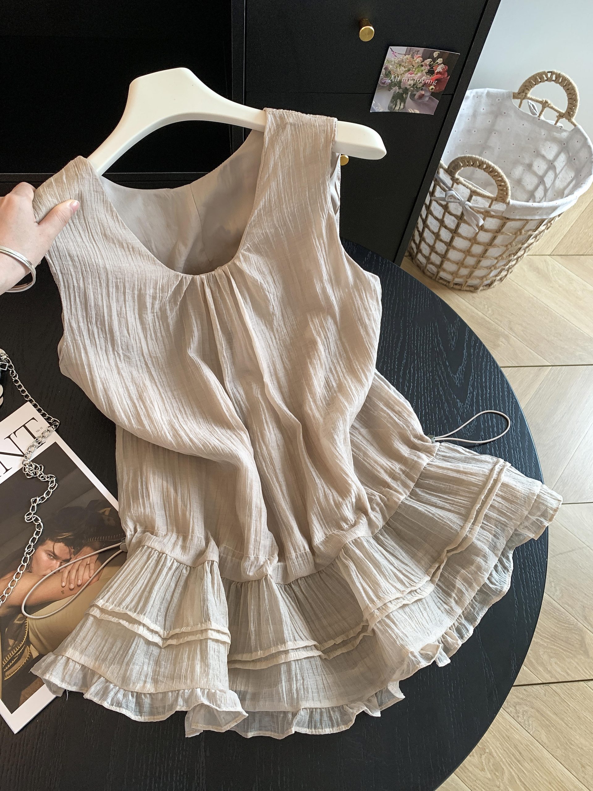 French Sleeveless Ruffle Tank Top Summer Loose Drawstring Waist Cinched Round Neck Unique Pretty Blouse