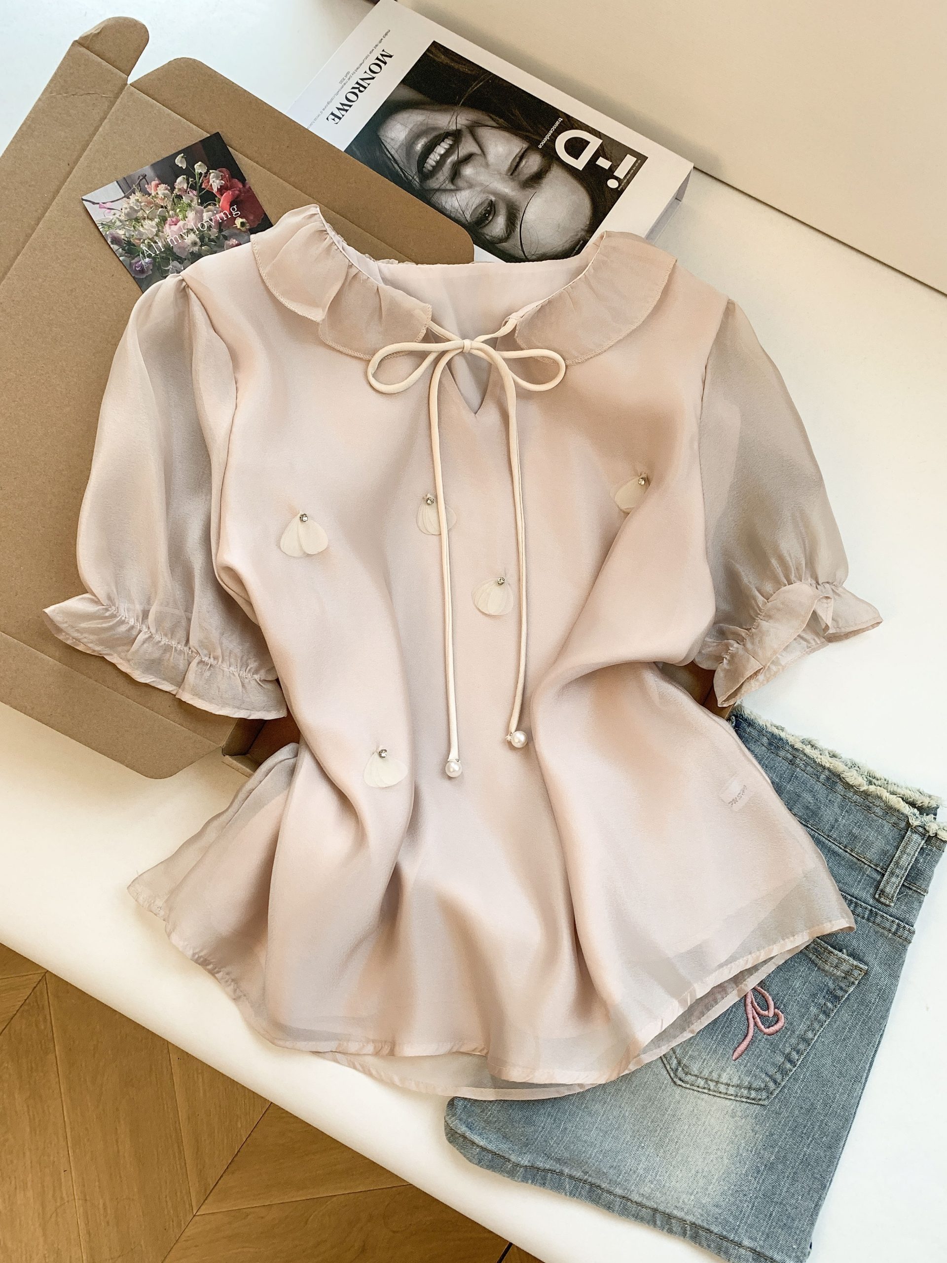 French Style Lace Bubble Sleeve Tie Blouse for Women Summer Loose Fit