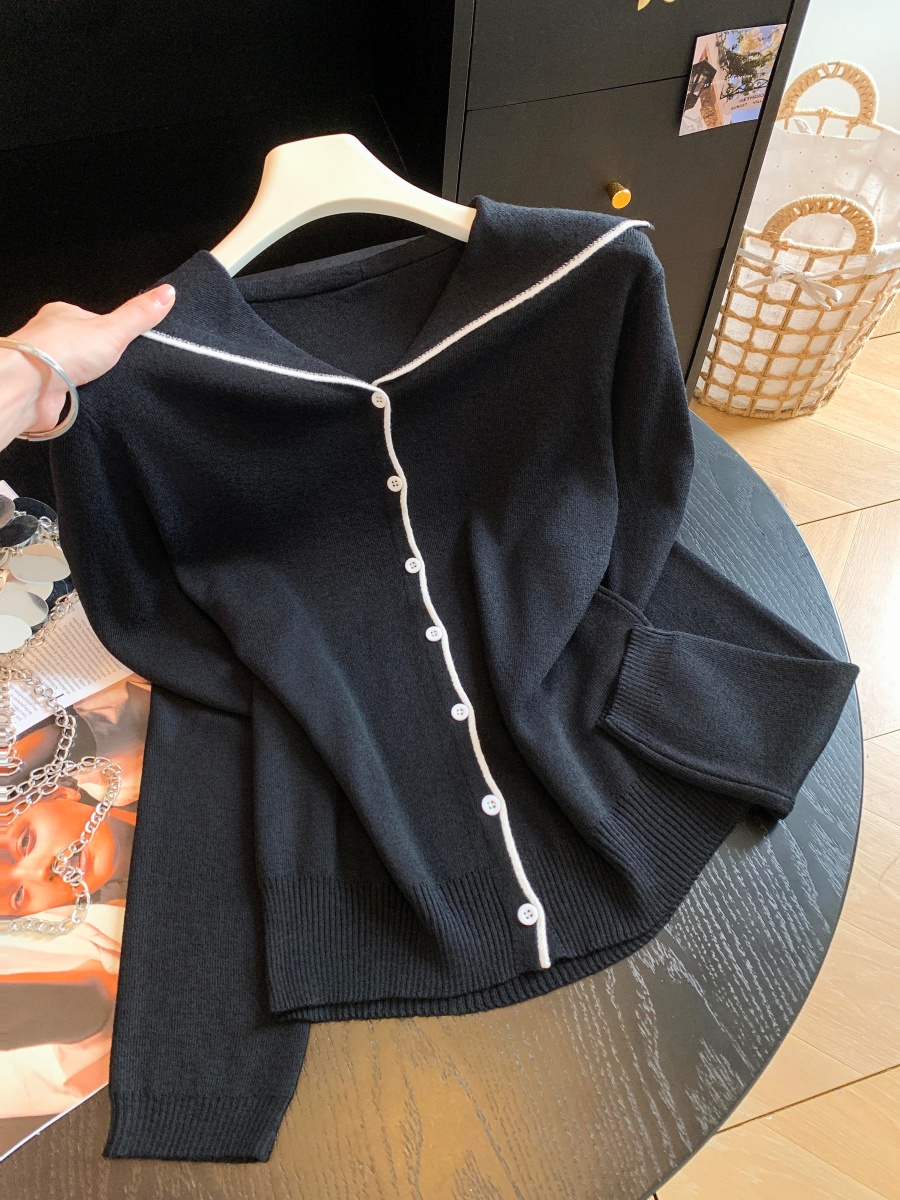 Korean Style Sailor Collar Color Block Button Knit Sweater Top