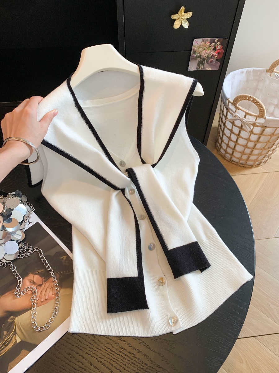 Navy Style Sleeveless Knit Vest with Shawl V-Neck Single Button Color Block Striped Slimming Top