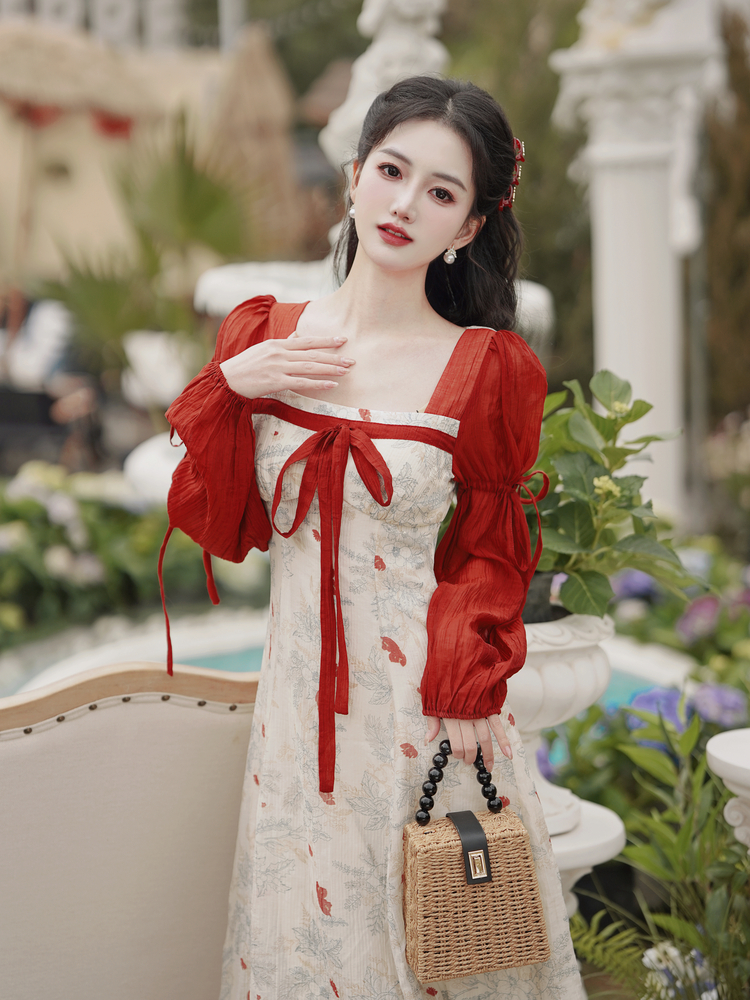 New Chinese Style Color Block Print Modified Hanfu Dress