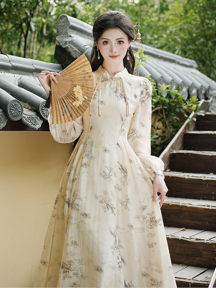 New Chinese Style Long Sleeve Qipao Dress - Apricot