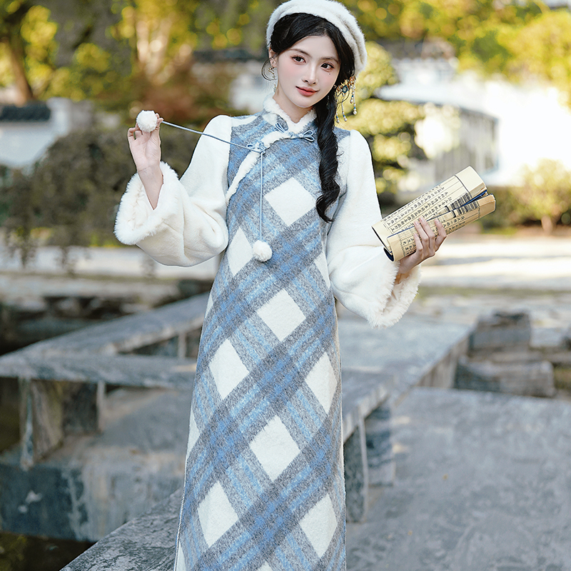 New Chinese Style Plaid Wool Blend Faux Two Piece Qipao Dress