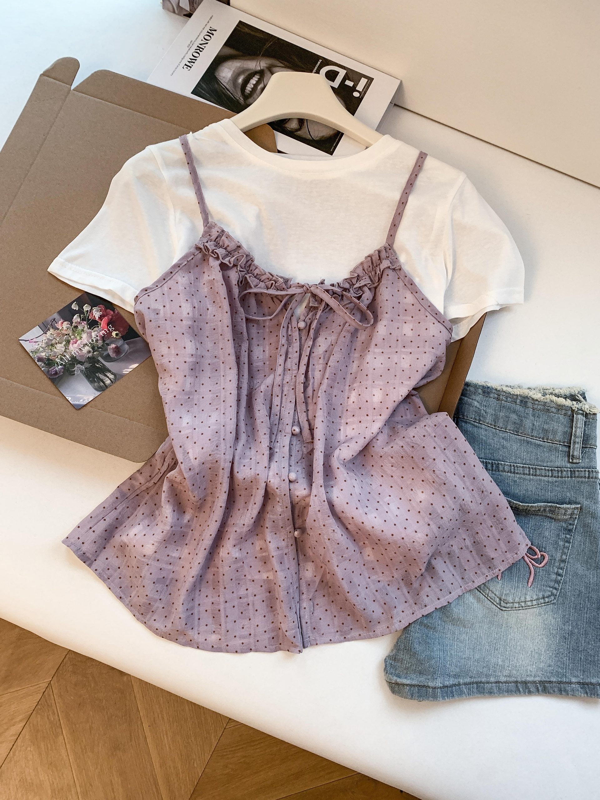 Polka Dot Ruffle Cami Two-Piece Set Women Summer Short Sleeve Top