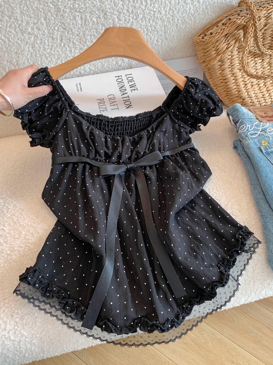 Sweet Bow Tie Polka Dot Short Sleeve Blouse with Lace Trim