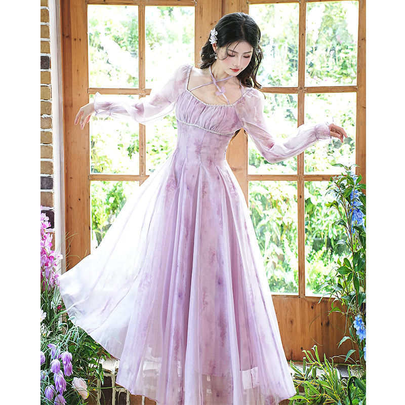 Sweet French Square Neck Purple Chiffon Floral Print Fairy Style Tie Dress