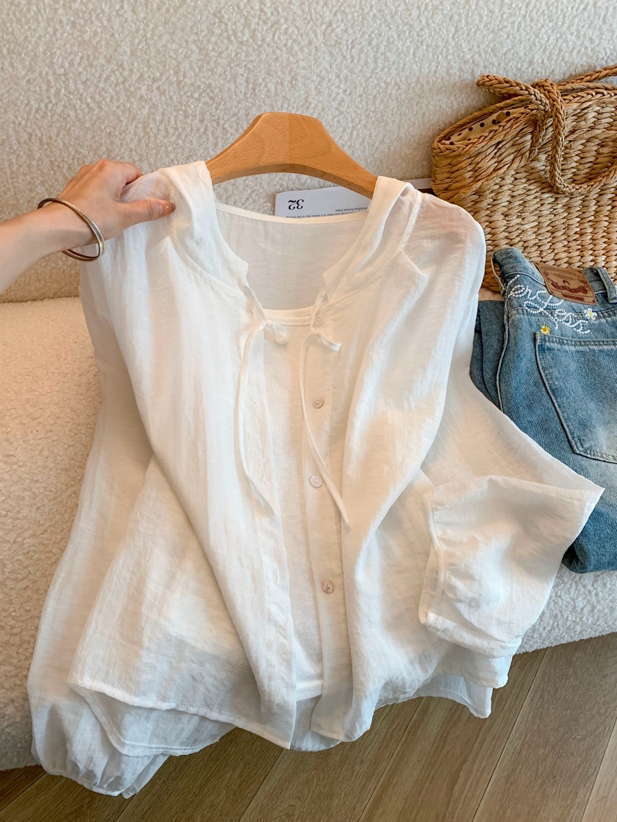Women Summer Korean Style Ruffled Stand Collar Tie Shirt Loose Breathable Sun Protection Blouse