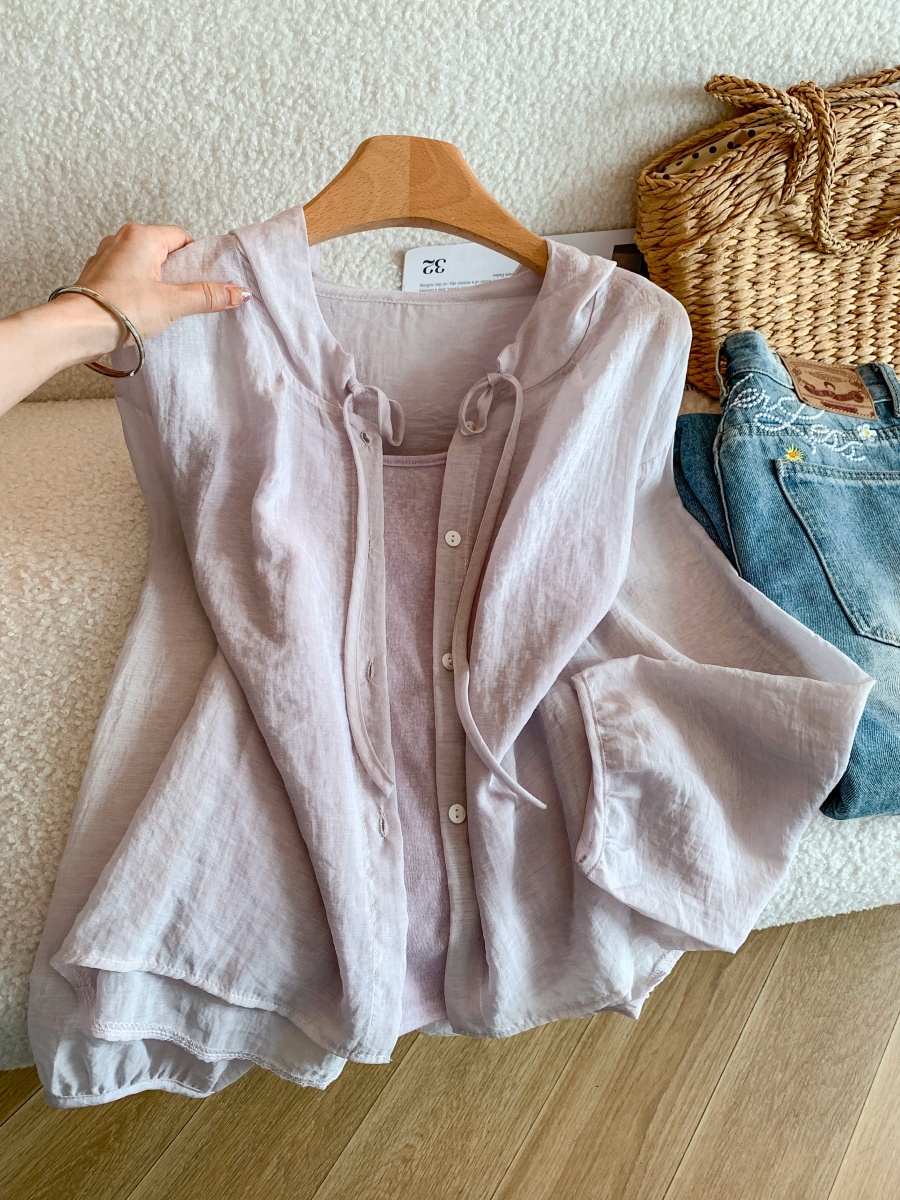 Women Summer Korean Style Ruffled Stand Collar Tie Shirt Loose Breathable Sun Protection Blouse - Image 2