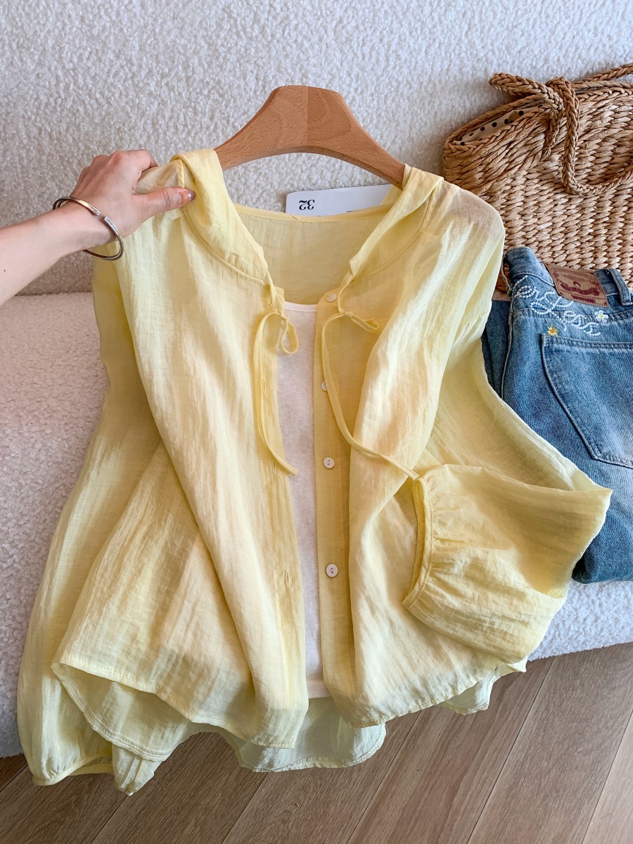Women Summer Korean Style Ruffled Stand Collar Tie Shirt Loose Breathable Sun Protection Blouse - Image 3