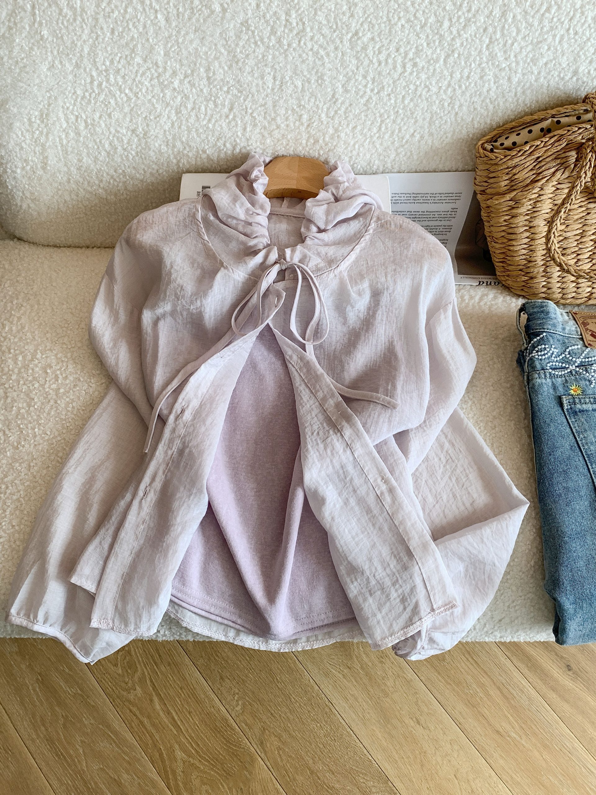 Women Summer Korean Style Ruffled Stand Collar Tie Shirt Loose Breathable Sun Protection Blouse - Image 4