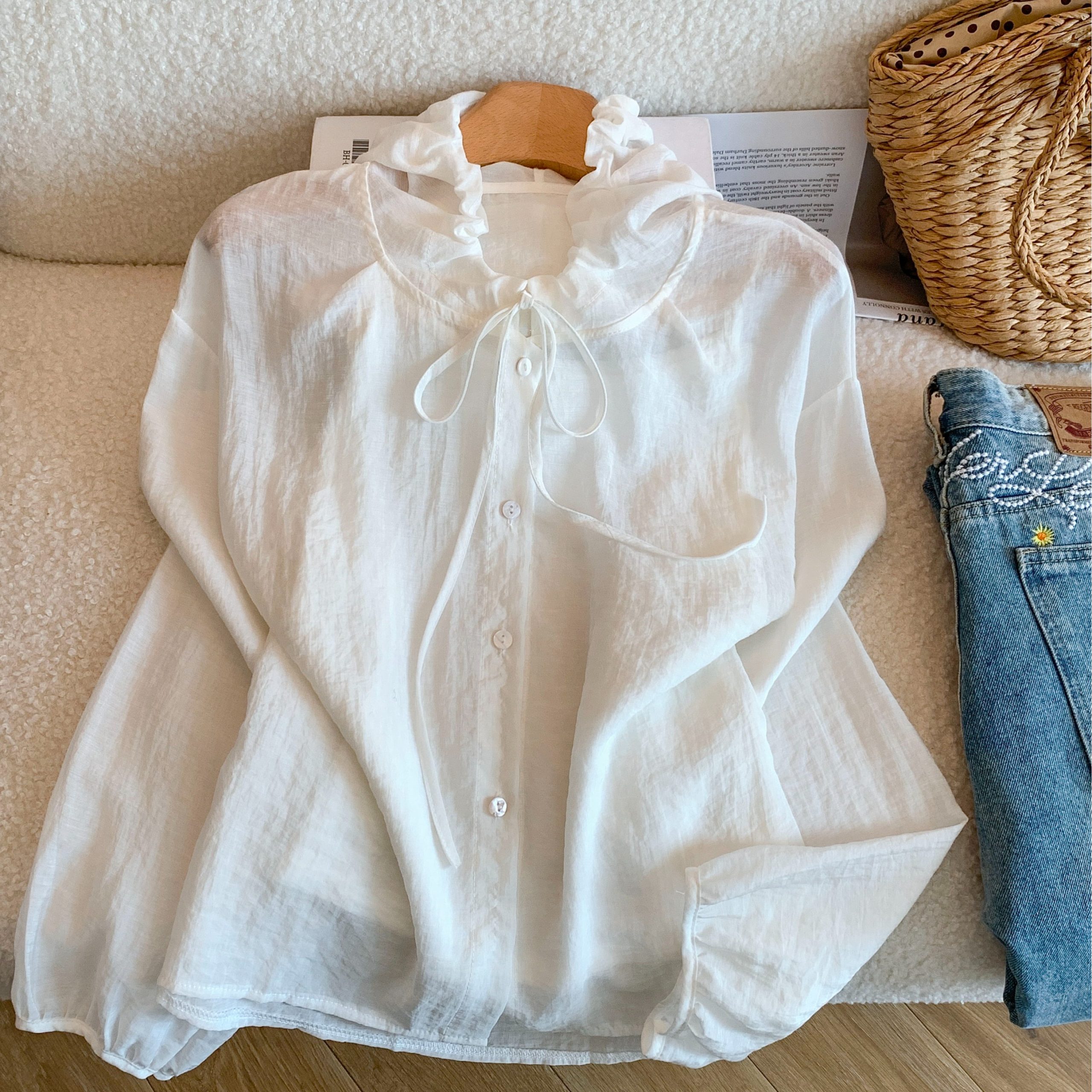 Women Summer Korean Style Ruffled Stand Collar Tie Shirt Loose Breathable Sun Protection Blouse - Image 5