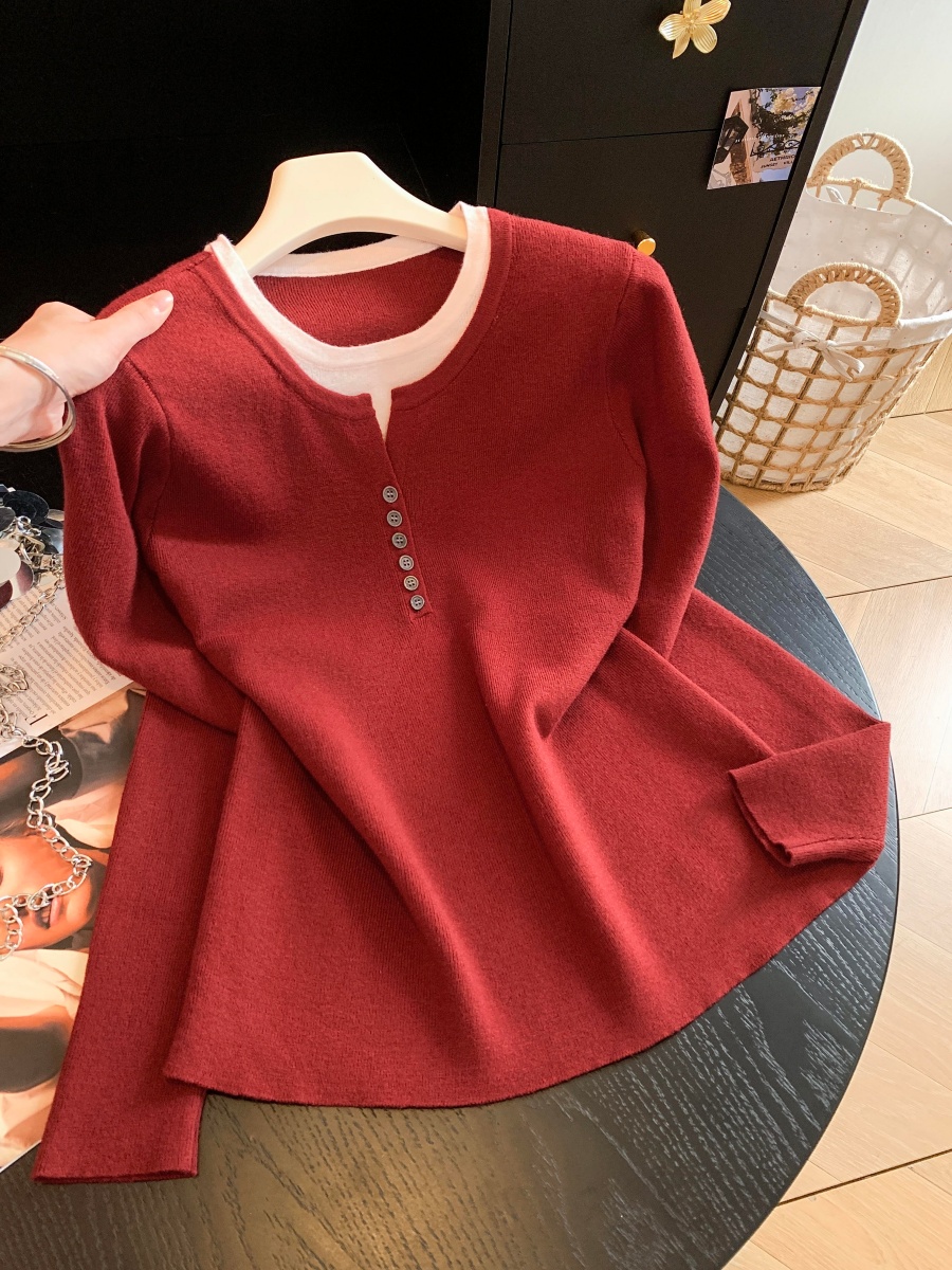 Women's Color Block Faux Two Piece Half Button Round Neck Knit Sweater