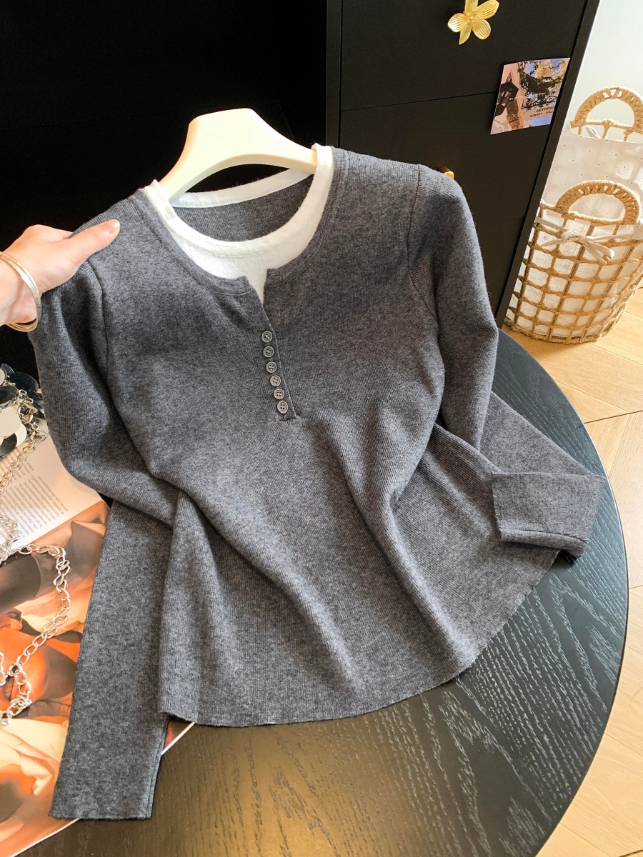 Women's Color Block Faux Two-Piece Half Button Knit Sweater