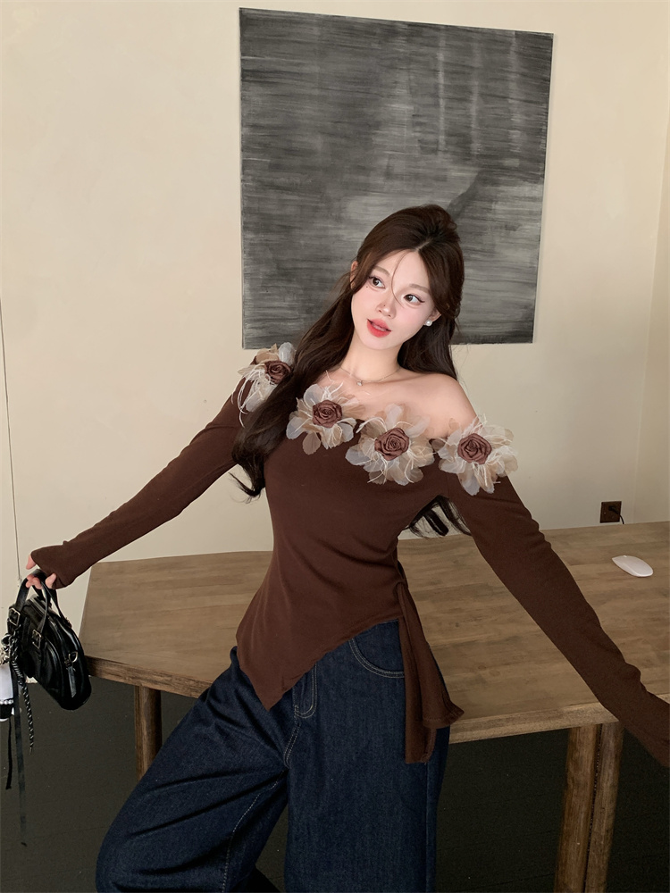 Women's French Style 3D Floral One-Shoulder Slim Fit Long Sleeve T-Shirt - Style 72842d