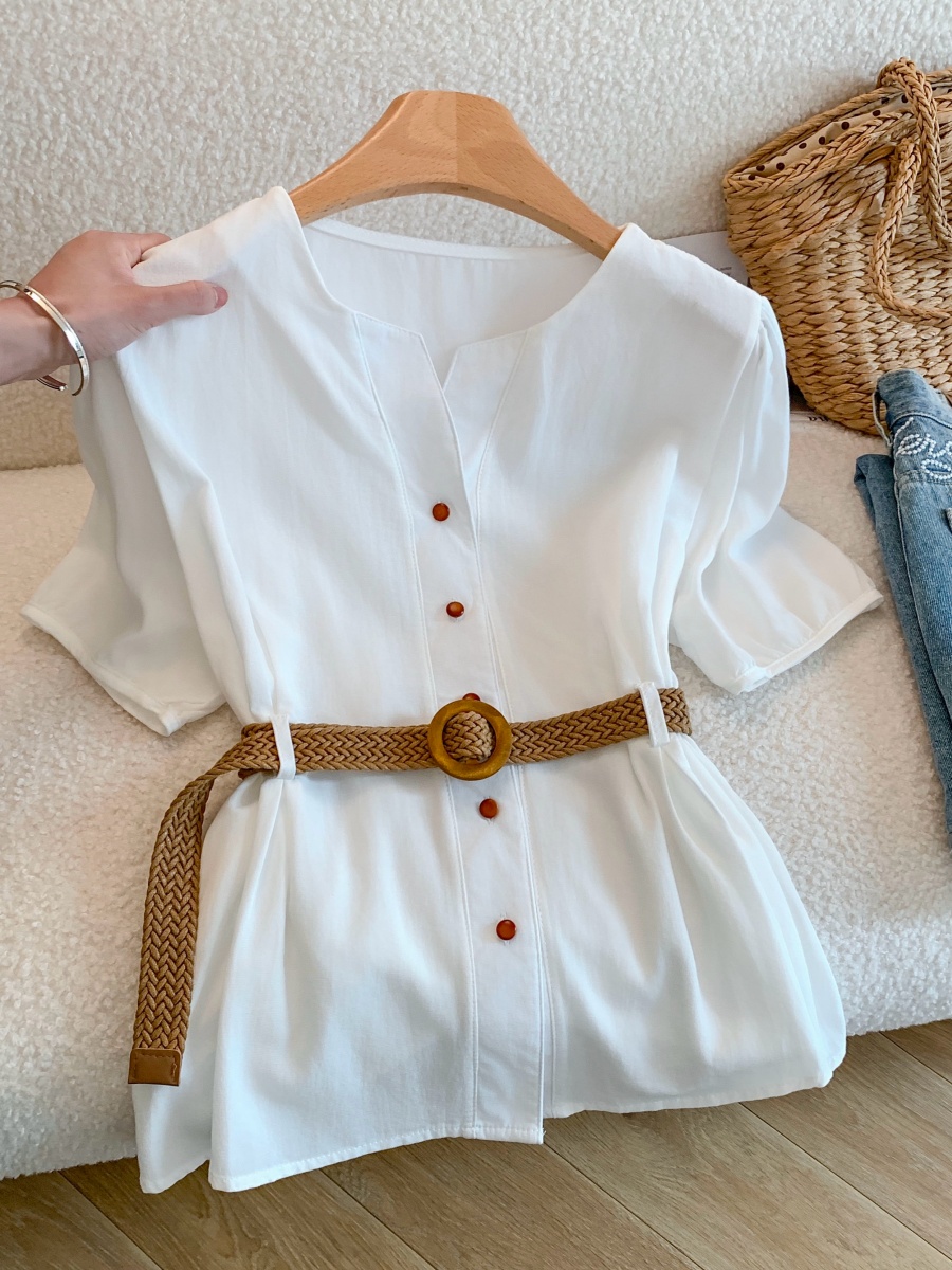 Women's French Style V-Neck Blue Short Sleeve Blouse Summer Slimming Top