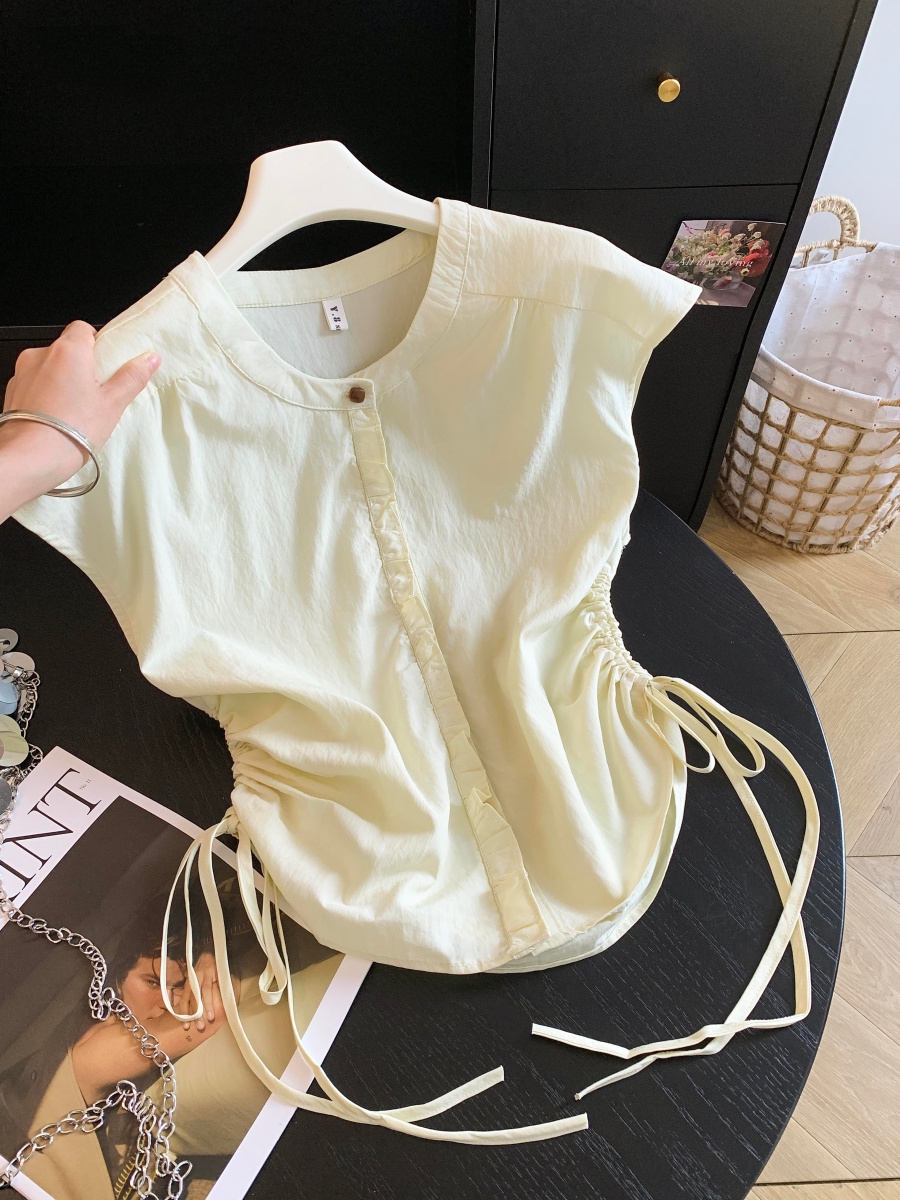 Women's Gentle Pink Drawstring Waist Sleeveless Shirt Summer Tie-Accent Petal Sleeve Cotton-Blend Top