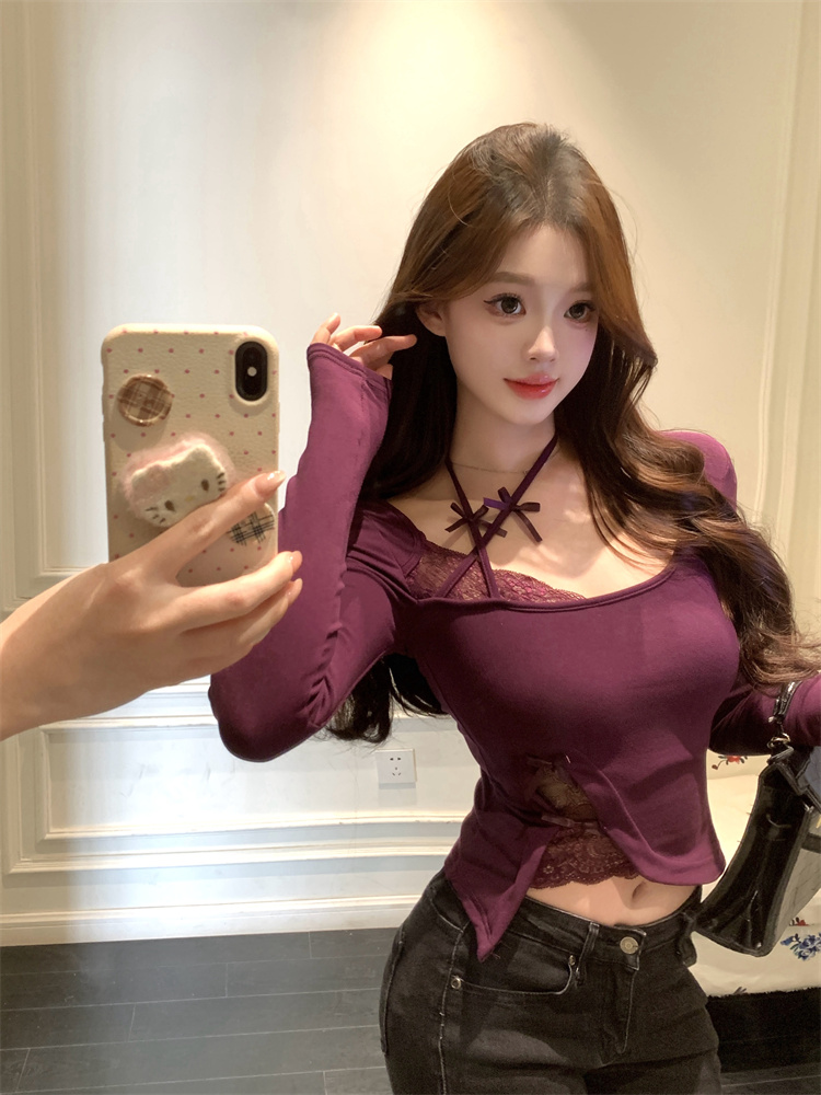 Women's Halter Lace Patchwork Long Sleeve Slim Fit T-Shirt