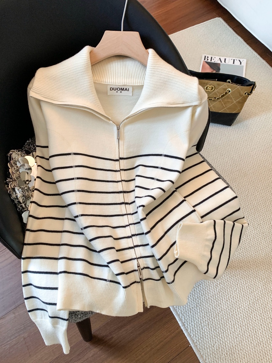 Women's Striped Half-Zip Polo Neck Knit Sweater for Fall Winter