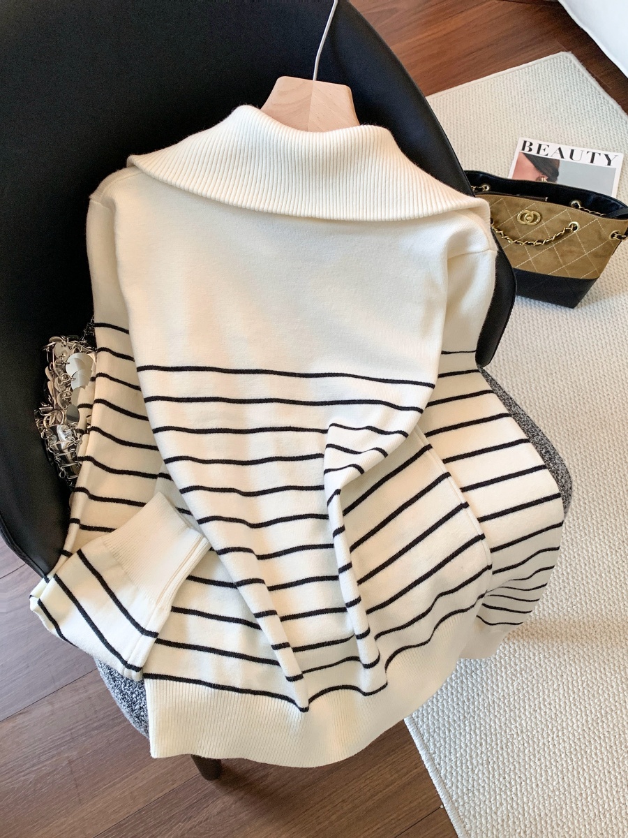 Women's Striped Half-Zip Polo Neck Knit Sweater for Fall Winter - Image 4