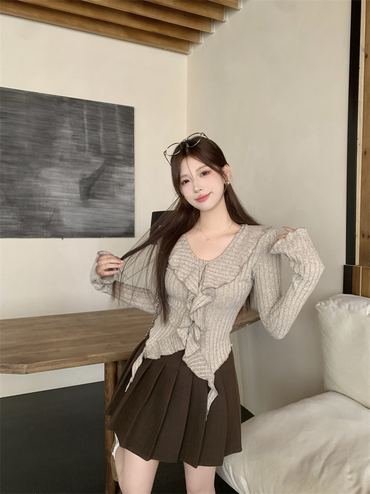 Women's V-Neck Flared Sleeve Ruffle Irregular Hem Slim Fit Top