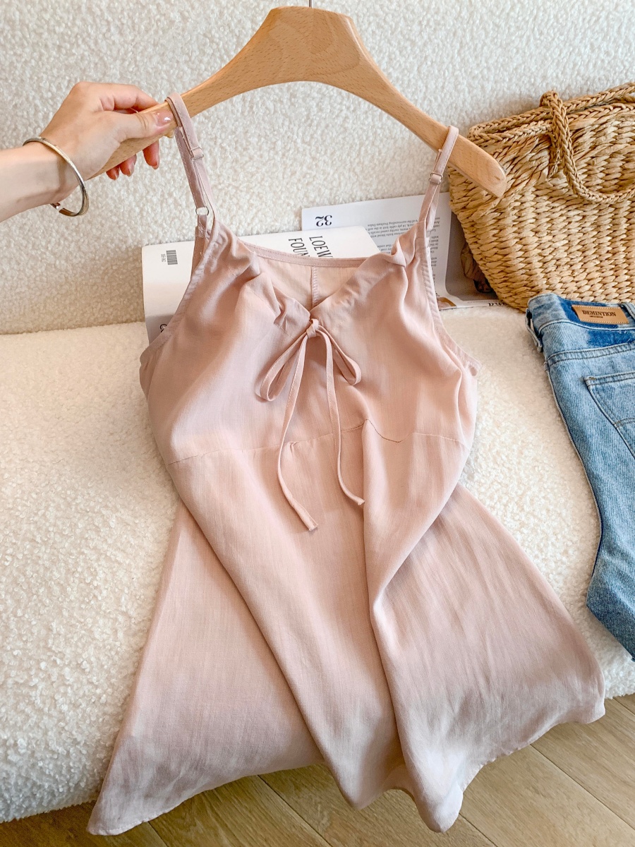 Women's White V-Neck Tie-Front Sleeveless Top Summer 2026 Korean Style Solid Color Slimming Camisole